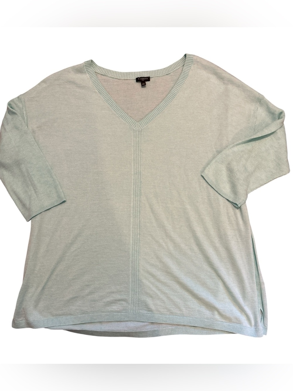 Talbots Plus 2X Women’s Light Blue/Aqua V neck Cotton Sweater 3/4 Sleeve Relaxed